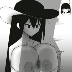 1boy 1girls areolae between_breasts black_and_white black_hair breasts greyscale hakayu hat huge_breasts large_breasts long_hair mole mole_under_eye monochrome nipples original original_character paizuri perpendicular_paizuri serious straight