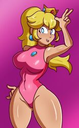 1girls arm_up armpits big_breasts blonde_hair blue_eyes breasts busty covered_navel curvy female female_only highres large_breasts legs long_hair looking_at_viewer mario_(series) mario_and_sonic_at_the_olympic_games nintendo one-piece_swimsuit open_mouth ponytail pose posing princess princess_peach robveemo sensual smile solo swimsuit thick_thighs thighs v