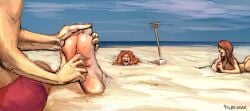 1boy 2girls beach buried_in_sand feet foot_fetish foot_focus foot_lick foot_worship laughing licking_foot lickle polarbearnsfw red_hair soles tickle_torture tickling tickling_feet