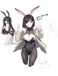 1boy 2023 3girls absurdres animal_ears between_breasts black_leotard blue_eyes bow bowtie breasts brown_hair brown_pantyhose bunny_ears bunny_tail bunnysuit chinese_zodiac cleavage controlline3 counter:side cropped_legs double_peace_sign double_v fake_animal_ears female fur_trim gluteal_fold grin hairband hands_up happy_new_year highleg highleg_leotard highres jacket kim_hana_(counter:side) large_breasts leotard long_sleeves looking_at_viewer male mole mole_under_eye multiple_girls new_year open_clothes open_jacket pantyhose peace_sign playboy_bunny rabbit_ears short_hair sketch smile solo_focus strapless strapless_leotard v white_jacket wing_collar year_of_the_rabbit