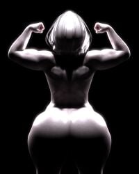 1girls 3d arms_up ass back back_view bare_shoulders big_ass black_and_white black_background curvy faceless_female female female_focus female_only flexing highres hips huge_ass humanoid large_ass medium_hair muscular muscular_female nude original original_character pinup pose rivaliant shortstack simple_background solo solo_female spotlight thick_thighs thighs white_hair white_silk white_skin wide_hips