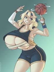 1girls 2023 alternate_breast_size bandage barely_contained basketball big_breasts blonde_hair breasts breasts_bigger_than_head bridget confident_smile cyan_eyes female female_only gigantic_breasts guilty_gear guilty_gear_strive huge_breasts kittenboogers large_breasts shorts solo wraps