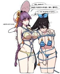 2girls :d alternate_costume anger_vein arms_behind_back bad_id bad_pixiv_id bikini black_hair blush bondage braid breasts cleavage commentary_request counter:side female female_focus female_only happening18 hat highres hose korean_commentary korean_text lee_yumi_(counter:side) liv_allen long_hair multiple_girls navel official_alternate_costume open_mouth photoshop_(medium) purple_hair simple_background smile striped striped_bikini sun_hat swimsuit water white_background yellow_eyes