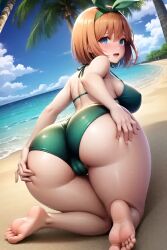 1girls 5_toes ai_generated ass ass_focus ass_grab bare_legs bare_thighs barefoot beach big_breasts bikini blue_eyes blush cameltoe feet female female_focus female_only foopanthia foot_fetish from_behind from_behind_position go-toubun_no_hanayome huge_ass huge_breasts legs looking_at_viewer looking_back nakano_yotsuba sand short_hair thick thick_thighs thighs water