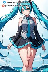 ai_generated aqua_eyes aqua_hair barelegs flaccid flaccid_penis futa_only futanari gamarjobson hatsune_miku hi_res patreon penis_under_skirt vocaloid