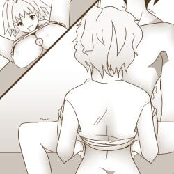 1boy 1girls arcueid_brunestud back_view between_breasts black_and_white breasts greyscale hakayu happy huge_breasts looking_at_viewer monochrome multiple_views open_mouth paizuri pov short_hair smile tsukihime