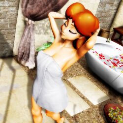 1girls 3d armpits arms_behind_head bathroom big_breasts blush breasts busty cleavage closed_eyes highres large_breasts legs long_hair mario_(series) nintendo orange_hair pose posing princess princess_daisy sensual sexy_armpits short_hair smile solo thighs towel tub virtualblueam2