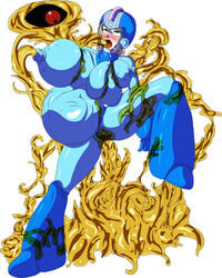 blush green_eyes mega_man nipple_penetration nipples pregnant rule_63 stomach_bulge tentacle yellow_devil