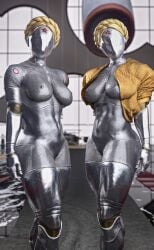 2girls 3d android atomic_heart big_ass big_breasts big_butt blonde_hair breasts bryn brynhildr93 digital_media_(artwork) drone faceless_character faceless_female female left_(atomic_heart) right_(atomic_heart) robot robot_girl the_twins_(atomic_heart) twins