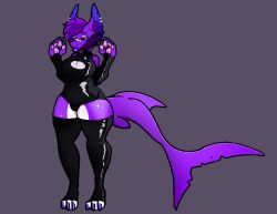 absurd_res anthro chubby_anthro chubby_belly chubby_female claws clothing ear_piercing female fish gloves handwear hi_res inner_ear_fluff latex latex_armwear latex_clothing latex_elbow_gloves latex_gloves latex_legwear latex_thigh_highs manokit marine mitsuki_the_manokit mitsukithemanokit piercing purple_body rubber rubber_clothing rubber_suit saki_the_sergal shark slightly_chubby solo tuft