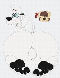 2023 anthro ass balls bedroom_eyes big_butt black_eyes black_eyewear black_glasses black_nose black_pawpads blush brown_hair canid canine canis d0ncassidy digital_media_(artwork) domestic_dog dreamworks duo eyebrows eyewear fur genitals glasses hair heart hi_res huge_butt jay_ward_productions kneeling looking_back male mammal mr._peabody mr._peabody_and_sherman narrowed_eyes pawpads presenting presenting_hindquarters raised_eyebrows rear_view rocky_and_bullwinkle seductive simple_background tail tan_body tan_fur thick_thighs universal_studios white_background white_body white_ears white_fur white_hair white_tail