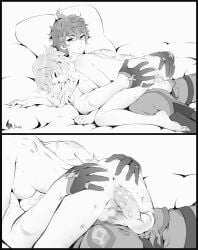 1boy 1girls ass ass_grab bite_mark blonde_hair childe_(genshin_impact) cowgirl_position fanon_couple female female_on_top female_penetrated genshin_impact girl_on_top gloves hands_on_ass hickey lumine_(genshin_impact) lying_on_person male male/female male_penetrating male_penetrating_female naked_female nude nude_female penis penis_in_pussy pussy raw_sex sex shirtless_male straight tartaglia_(genshin_impact) vaginal_penetration