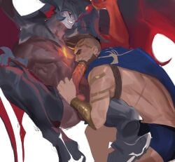 2boys aatrox atreus_(league_of_legends) bara beard cape code2_ip colored_skin dark-skinned_male dark_skin darkin demon_boy erection facial_hair feet_out_of_frame fellatio from_side girthy_penis highres interspecies large_pectorals large_penis league_of_legends male male_focus male_only mature_male mohawk monster_boy multiple_boys muscular muscular_male oral pantheon pectorals penis red_skin scar short_hair spread_legs thick_eyebrows unfinished yaoi