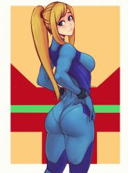 1girls ass ass_focus blonde_hair blue_eyes bodysuit breasts female female_only long_hair looking_back medium_breasts metroid nintendo ponytail raichiyo33 samus_aran solo tight_clothing zero_suit zero_suit_samus