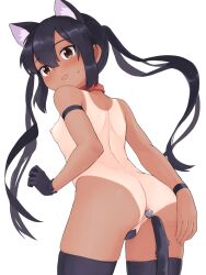 anal_tail animal_ears ass azusa_nakano_(k-on!) black_hair black_thighhighs blush breasts brown_eyes cat_ears cat_tail collar commentary_request fake_animal_ears fake_tail female from_behind gloves hair_between_eyes hand_on_own_ass hiyoshipow k-on! long_hair looking_back nipples red_collar sidelocks simple_background single_glove small_breasts solo standing tail tan tanlines thighhighs twintails white_background young