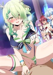 1boy 4girls ahoge bikini blue_shorts blue_skirt blush breasts censored ceres_fauna ceres_fauna_(summer_2023_swimsuit) finger_to_mouth flower fuyumi_kazuki grabbing_own_breast green_bikini green_eyes green_hair green_nails hair_flower hair_ornament hair_over_one_eye heart heart_ahoge heterochromia highres holoforce hololive hololive_english hololive_english_-council- hololive_english_-promise- hololive_fantasy hololive_gen_5 hololive_japan hololive_summer_2023_swimsuit houshou_marine jewelry large_breasts long_hair looking_at_viewer male mole mole_under_eye mosaic_censoring multiple_girls nail_polish navel penis purple_hair pussy questionable_consent red_eyes red_hair red_wrist_cuffs sex short_shorts shorts skirt striped striped_bikini swimsuit teeth thigh_strap tokoyami_towa twintails underwear upper_teeth_only vaginal_penetration virtual_youtuber yellow_eyes yukihana_lamy