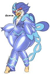 1boy 2022 blue_bodysuit blue_hair bodysuit bottom_heavy curvy curvy_figure english_text femboy feminine_male flamboyant fully_clothed gijinka humanized humanized_pokemon male male_focus oc original original_character pokemon pokemon_sv quaquaval quaval_(zoruadrawsstuff) short_hair smile solo solo_focus text thick_thighs white_background wide_hips zoruadrawsstuff