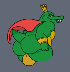 anthro ass balls belly big_balls big_butt bracelet brown_eyes cape clothing crocodilian crown donkey_kong_(series) fist genitals headgear jewelry k_rool kremling male nintendo overweight overweight_male presenting presenting_hindquarters reptile scalie smile smirk solo tail teeth waniiime_(artist)