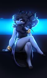 anthro blue_body breasts clothed clothing crossed_legs female genitals hi_res kawfee looking_at_viewer no_underwear original_character pussy red_eyes side_boob solo