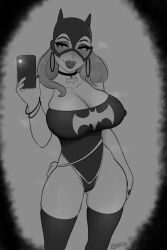 abarus barbara_gordon batgirl batman_(series) bimbo bimbo_lips bimbofication breasts_bigger_than_head dc dc_comics hoop_earrings inviting large_breasts leotard lipstick makeup mirror_selfie monochrome selfie smiling standing thick_ass thick_thighs