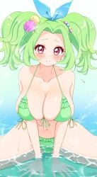 blush eye_markings frilled_bikini gigantic_breasts kiratto_pri_chan partially_submerged sitting_on_water skindentation smile worried