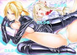 2girls belt black_bodysuit black_gloves black_pants blonde_hair blue_eyes bodysuit boots bra breast_press breasts catfight center_opening cleavage closed_mouth commentary_request dress emilie_de_rochefort fight fighting fingerless_gloves frilled_dress frills gloves green_panties large_breasts leather multiple_girls namco nina_williams open_mouth panties pants pantyshot scissorhold short_hair sidelocks skin_tight socks spread_legs tekken tekken_7 traditional_media underwear unzipped white_dress white_gloves yqgkg