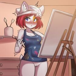 absurd_res anthro blush blush_lines bottomless breasts brush bunnybits cleavage clothed clothing domestic_cat felid feline felis genitals hi_res holding_brush holding_object holding_paintbrush mammal paintbrush pussy teenager young