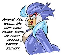 1boy 2022 blue_bodysuit blue_hair bodysuit breasts dialogue english_text femboy feminine_male flamboyant gijinka humanized humanized_pokemon male male_breasts male_focus oc original original_character pokemon pokemon_sv quaquaval quaval_(zoruadrawsstuff) side_view solo solo_focus text white_background zoruadrawsstuff