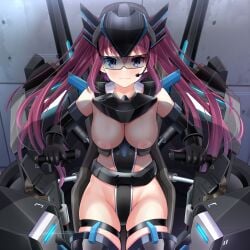 areolae blue-tinted_eyewear blue_eyes blush breasts clothing cockpit female gloves headset mecha mechanical_parts microphone nipples original original_character partially_clothed pilot_suit red_hair sitting thighs tied_hair tinted_eyewear twintails visor