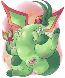 2_toes absurd_res animal_genitalia avian_butt bipedal_feral bodily_fluids claws cloaca cloaca_juice dirty_feet dragon feet female feral flygon foot_focus generation_3_pokemon genital_fluids genitals green_body green_feet hand_on_chest hi_res horizontal_cloaca narrowed_eyes nintendo nude patohoro pink_eyes pokemon pokemon_(species) presenting red_body shamala_(patohoro) soles solo spread_legs spreading tail thick_thighs toes white_beak wings