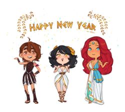 3girls ancient_greece armor black_hair blue_eyes breasts brown_hair cleavage clothed corinna_(ehryel) ehryel female gladiator_sandals gold_eyes greek_clothes greek_font happy_new_year junior_dragonlords kyrah_(ehryel) laurel_crown multiple_girls red_hair revellia_(ehryel)