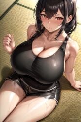 1girls ai_generated ai_love_higokko armpits arms_up breasts female hi_res hips holaraai huge_breasts indoors light-skinned_female light_skin original original_character red_eyes sportswear sweat sweaty_body thick_thighs thighs wide_hips