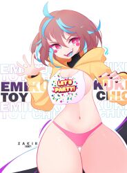 1girls :d belly_button bib blue_tongue emikukis female female_only five_nights_at_freddy's five_nights_at_freddy's_2 happy_expression latam_virtual_youtuber multicolored_hair owozu pink_eyes pink_panties pink_underwear sharp_teeth solo streamer toy_chica_(cosplay) twitch virtual_youtuber vtuber wide_hips yellow_hoodie youtube zahir_zb7