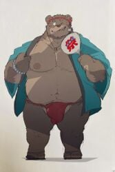 2023 absurd_res anthro asian_clothing balls_outline bear belly big_belly brown_body bulge clothing cute_fangs dumdum east_asian_clothing fundoshi genital_outline hi_res humanoid_hands japanese_clothing kemono male mammal moobs nipples one_eye_closed overweight overweight_male penis_outline red_clothing red_fundoshi red_underwear simple_background solo underwear wink