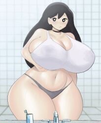 1girls ass bathroom bigger_female black_hair breasts female female_only gray_thong grey_thong growth huge huge_breasts huge_hips huge_thighs light-skinned_female light_skin long_hair mari_(omori) milk mirror omori solo source_request standing thick_thighs thong voluptuous w0m1 wet_clothes