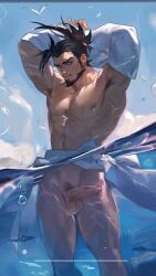 1boy abs absurdres arm_above_head arm_up armpits bara beach beard code2_ip day facial_hair feet_out_of_frame fish from_below half-erect high_ponytail highres large_pectorals league_of_legends looking_at_viewer male_focus male_only male_pubic_hair mature_male muscular muscular_male mustache_stubble navel nipples partially_submerged partially_underwater_shot pectorals penis pubic_hair scar scar_on_face scar_on_nose solo solo_male standing stomach sunlight thick_eyebrows thighs underwater undressing v-taper water wet yasuo