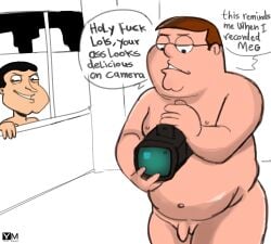 2boys background_character bedroom_eyes before_sex black_hair daddy erection family_guy fat_man gay glasses glenn_quagmire holy_fuck_i&#039;m_cumming_ah_lois_ahhhh lois_griffin male_focus nude nude_male offscreen_character overweight_male pervert peter_griffin recording small_penis tagme text white_background window yutomaster