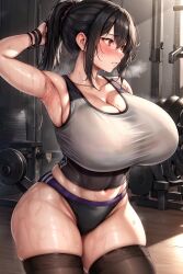 1girls ai_generated ai_love_higokko armpits arms_up breasts female hi_res hips holaraai huge_breasts indoors light-skinned_female light_skin original original_character red_eyes sportswear sweat sweaty_body thick_thighs thighs wide_hips