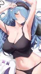 1girls armpits arms_up big_breasts blue_hair dragon_girl elira_pendora female_only hair_over_one_eye long_hair nijisanji nijisanji_en open_mouth panties ruru_nnnn sleeping underwear virtual_youtuber