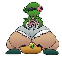 1girls 2022 apron ass ass_bigger_than_head back back_view berry female female_only game_freak grapes green_hair huge_ass huge_thighs larryyoshiboy mallow_(pokemon) nintendo pineapple pokemon pokemon_sm ponytail solo solo_female thick_thighs twintails white_background