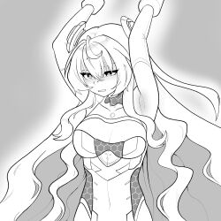 1girls ahoge angry_face armor armpits arms_up black_and_white captured clenched_teeth female_focus female_only hair_between_eyes hair_ornament honeycomb_(pattern) horizon_(counter:side) long_hair noise_(artist) restrained restrained_arms robot_girl series solo wavy_hair white_hair