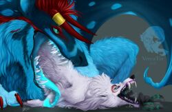 bodily_fluids canid canine canis cecidine domestic_dog drooling fangs felkin haloren mammal oral_vore reubarb_pie reuben_(disambiguation) saliva size_difference snow_senkensha teeth tongue venvatio vore voreception wolf