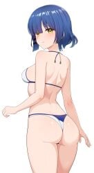 1girls ass bikini blue_hair bocchi_the_rock! breasts female female_only from_behind fully_clothed halterneck highres looking_at_viewer looking_back medium_breasts mole mole_under_eye more_at_source revealing_clothes short_hair simple_background skimpy_clothes solo standing string_bikini swimsuit tagme thong_bikini two-tone_bikini white_background yamada_ryou yellow_eyes yisusjpl