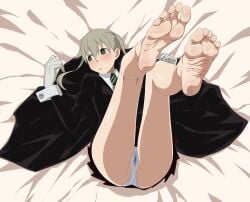 1girls 2020s 2023 barefoot bed_sheet cameltoe feet feet_up female foot_fetish foot_focus gloves green_eyes grey_hair kere_domo legs_up light-skinned_female light_skin looking_to_the_side lying maka_albarn necktie panties shy soles soul_eater teenage_girl teenager twintails underwear wet wet_clothes wet_panties wet_spot white_gloves white_panties wrinkled_feet wrinkled_soles young