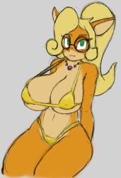 1girls anthro axelarion bandicoot big_breasts bikini blonde_hair breasts_bigger_than_head busty cleavage coco_bandicoot crash_(series) female female_only furry glasses gold_bikini green_eyes large_breasts looking_at_viewer navel necklace ponytail sensual solo thong_bikini