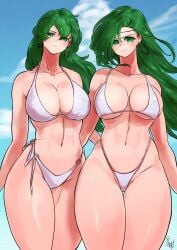 2girls annand_(fire_emblem) bare_thighs bikini cleavage covered_nipples earrings erinys_(fire_emblem) female female_only fire_emblem fire_emblem:_genealogy_of_the_holy_war green_eyes green_hair huge_breasts large_breasts long_hair looking_at_viewer mature mature_female multiple_girls nintendo outdoors sideboob smile swimsuit ta_dasu_(tadasu_hayashi) thick_thighs thighs underboob very_long_hair white_bikini white_swimsuit