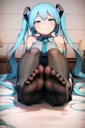 5_toes ai_generated aqua_eyes aqua_hair bed bedroom black_legwear blush breasts cameltoe feet female female_focus female_only foopanthia foot_fetish foot_focus hatsune_miku legwear presenting presenting_feet smile smiling smirk sole_female soles stockings teasing thick_thighs thighhighs thighs toes twintails vocaloid