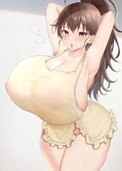 1girls alternate_breast_size armpits arms_behind_head arms_up aroused chomikuplus female female_only gigantic_ass gigantic_breasts gigantic_hips gigantic_thighs heavy_breathing horny hyper_ass hyper_breasts lactation lactation_through_clothes naked_apron sideboob solo taneshima_popura thick_thighs tongue_out trembling wide_hips working!!