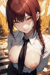 1girls ai_generated big_breasts braided_ponytail breasts breasts_out chainsaw_man female fringe hanako_king light-skinned_female looking_at_viewer makima_(chainsaw_man) pale-skinned_female petite ponytail red_hair ringed_eyes school_uniform schoolgirl seductive_eyes seductive_look smile smiling stable_diffusion tagme teenager white_skin yellow_eyes