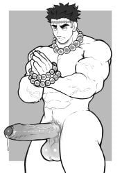 abs balls bara big_balls big_eyebrows big_pecs big_penis black_and_white blank_eyes boner bushy_eyebrows dark_hair demon_slayer erection forehead_scar himejima_gyomei hoybarartist kimetsu_no_yaiba large_penis male male_only monochrome muscular_arms muscular_male necklace nude pecs precum precum_drip pubic_hair scar solo testicles uncut veins veiny_arms